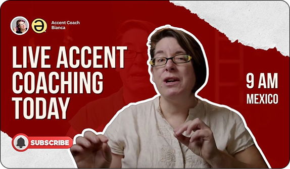 Live accent coaching thumbnail with a red background.