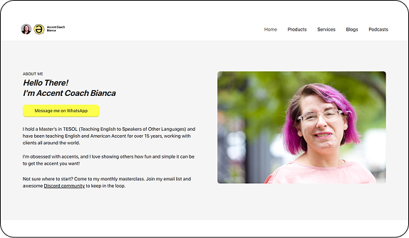 Accent Coach Bianca website homepage.