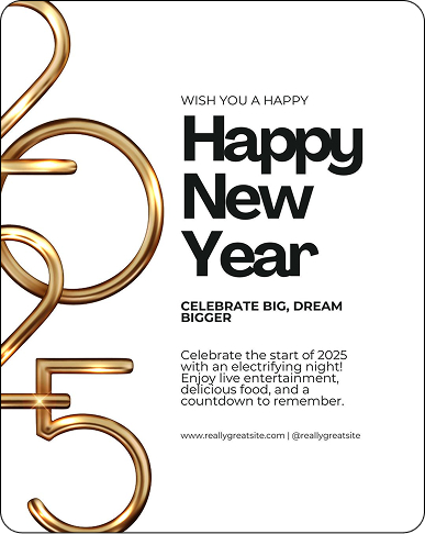 Happy New Year 2025 graphic with gold numerals.