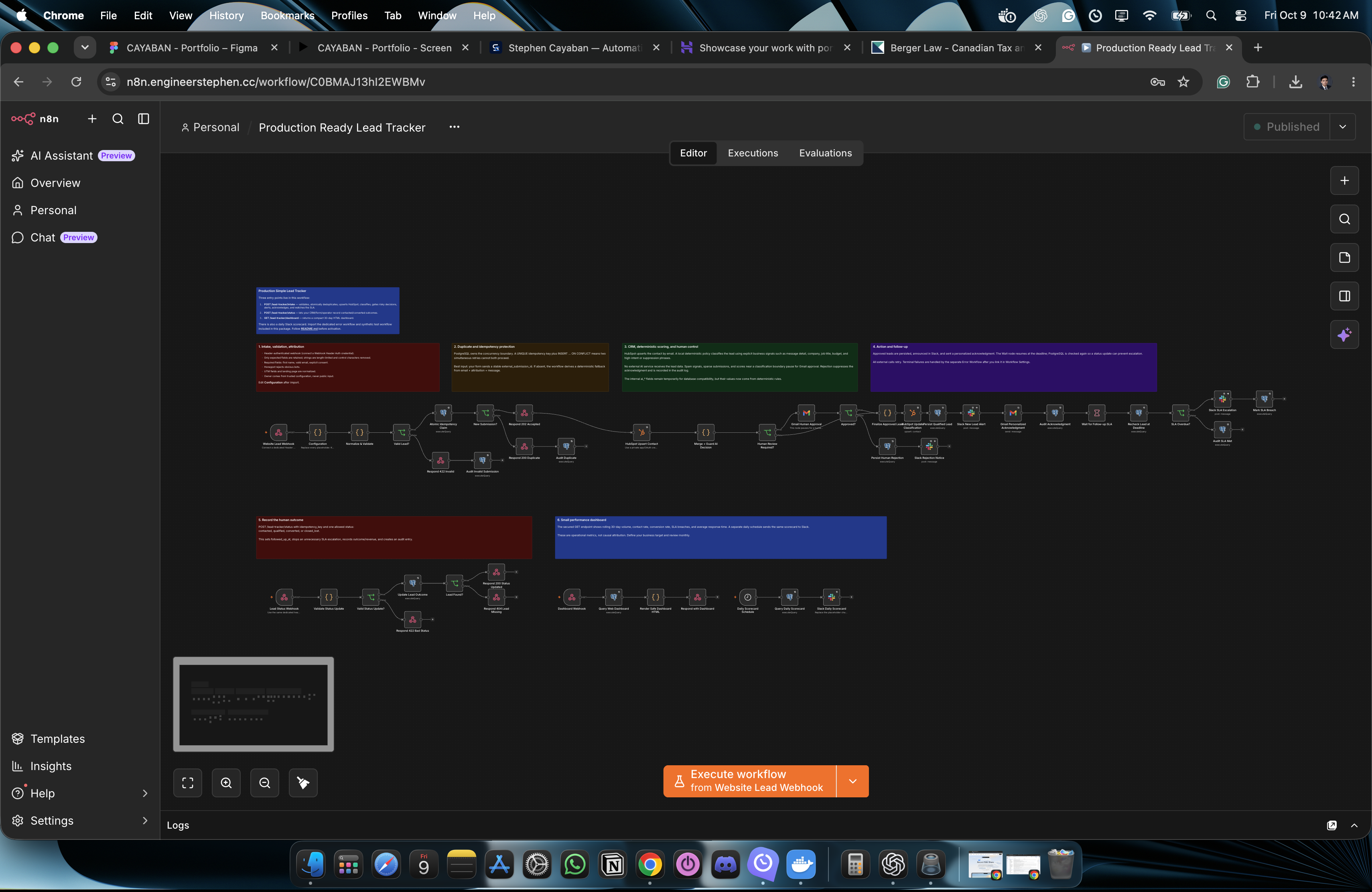 Lead Tracker workflow canvas in n8n.